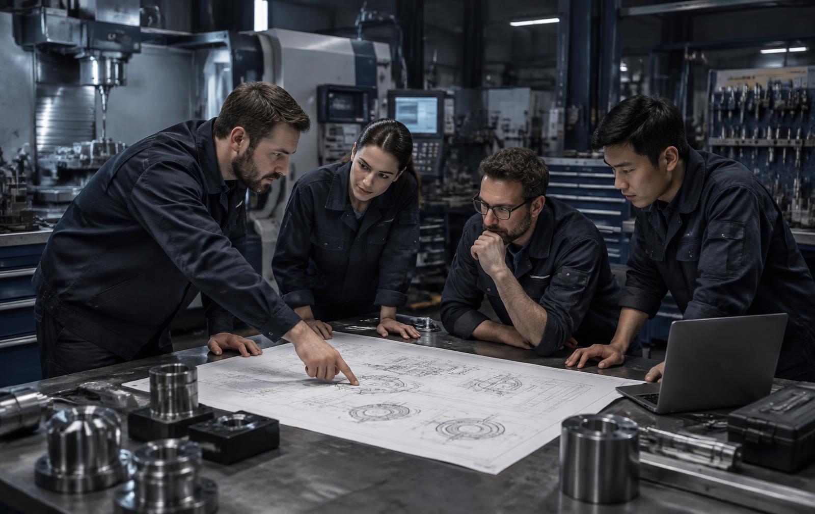 Équipe d'ingénieurs étudiant un plan technique dans un atelier industriel